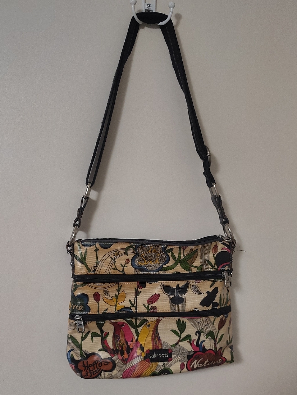 Sakroots Floral Bird Print Crossbody Bag in Cream
